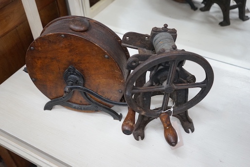 A Victorian knife cleaner, height 30cm and a Victorian bean cutter